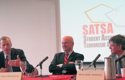 Professor Robert Murret, Gen. Michael Hayden, and Maxwell School Dean James Steinberg at at panel discussion organized by SATSA in 2010.