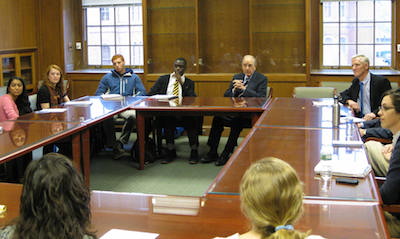Sen. George J. Mitchell returned to Syracuse University on Nov. 12, 2013 to discuss prospects for global peace and how (or if) the world has changed in the 25 years since the bombing of Pan Am 103. Before his University Lecture on the subject, he sat down with INSCT Director William C. Banks and SU Remembrance Scholars in the Maxwell School. A highly respected senator, Mitchell became Senate Majority Leader on Jan. 3, 1989, two weeks after the Pan Am 103 tragedy. He also was a special envoy for Middle East peace (2009-11) and for peace in Northern Ireland. In early October 2001, less than a month after the Sept. 11, 2001 attacks, Mitchell gave the first University Lecture, calmly and honestly addressing the terrorist attacks during his talk.