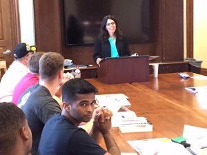 INSCT Director of Research Corri Zoli address a Warrior-Scholar Project academic boot camp at SU, July 2015.